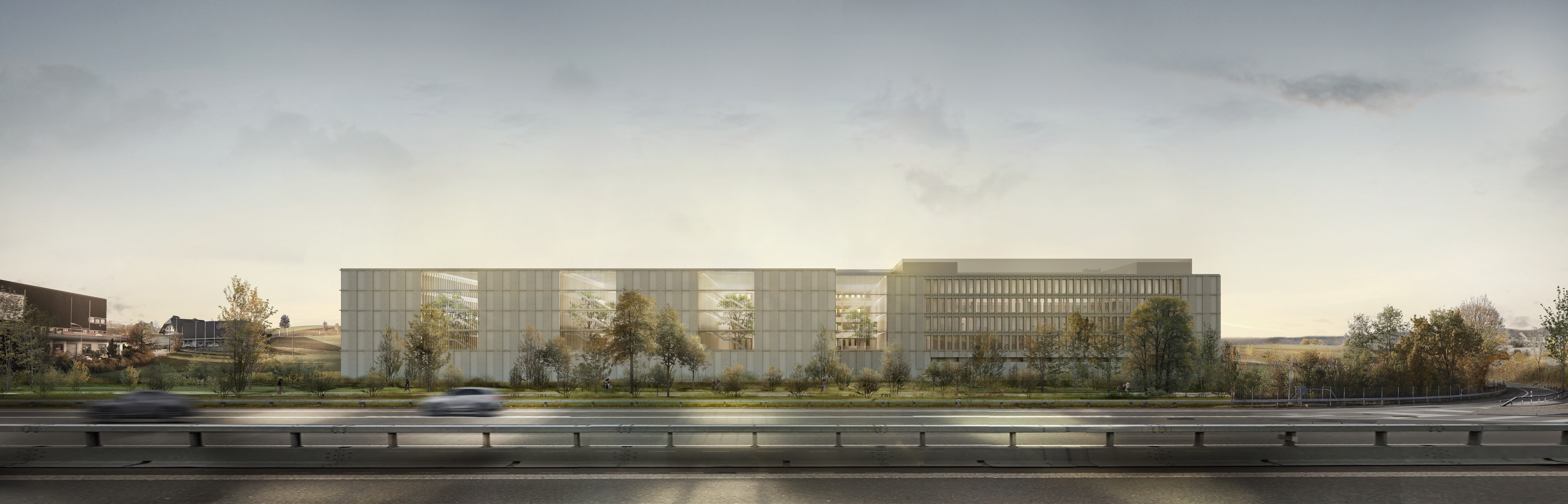 Die Fassade des neuen Gebäudes ist mit Holz verkleidet.